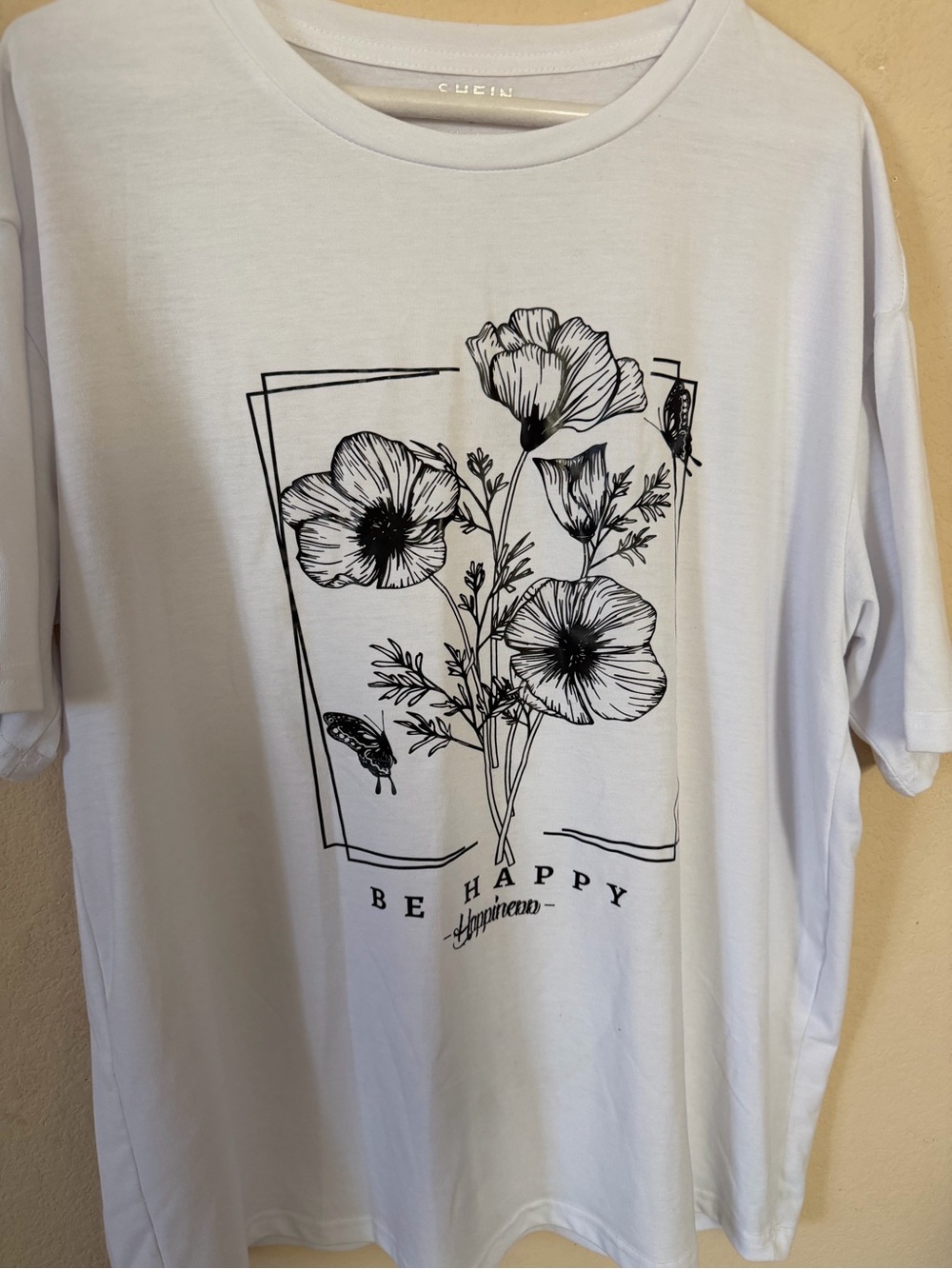 SHEIN White Short Sleeve Tee with Black Floral Graphic